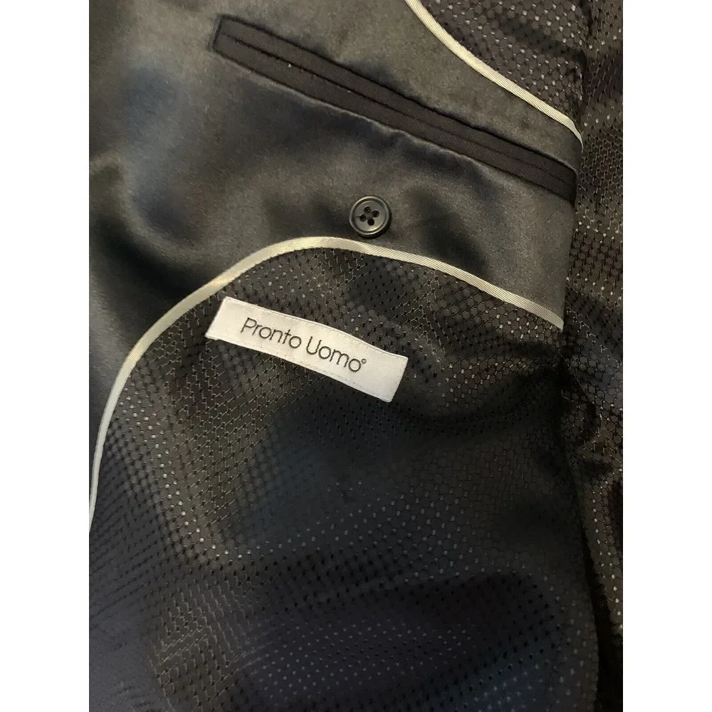 Pronto Uomo Men's 3‎ Piece Tuxedo 100% Wool Sz 43L Black with Vest Blk/Silver Gr